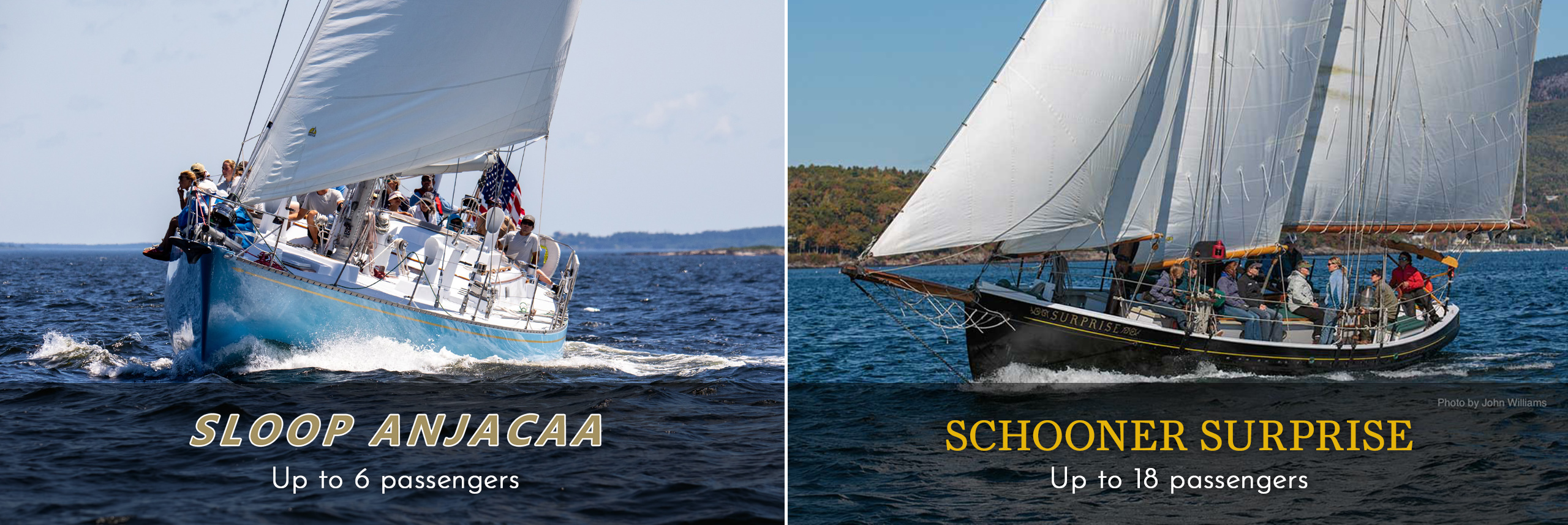 Sloop Anjacaa and Schooner Surprise sailing in Camden, Maine